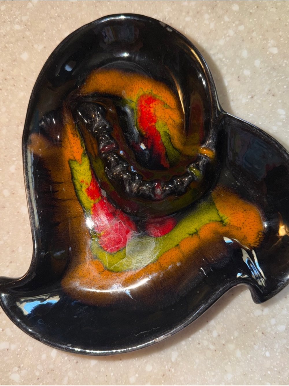 Vintage MCM Black Ceramic ashtray  Dish with Orange, Red & Lime Glaze Accents